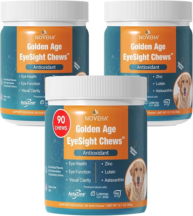 NOVEHA Eye Supplement for Dogs - Vision Support with Lutein + Vitamin C &amp; Astaxanthin Antioxidants - Dog Vitamins for Eyes + Fish Oil for Omega 3 EPA - Made in USA - 90 Soft Chews (3 Pack)