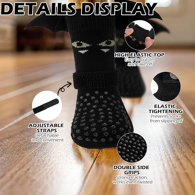 EXPAWLORER Halloween Anti Slip Dog Socks to Prevent Licking Paws, Boots &amp; Paw Protectors with Grippers,Doggie Booties for Hardwood Floors for Small Medium Large Senior Dogs Costume Black Devil Wings L
