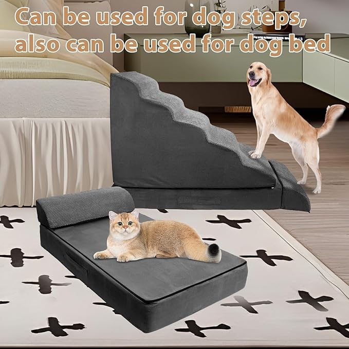 Soft Dog Stairs &amp; Steps for High Beds 24-28 Inches Tall for Small Dogs, LitaiL Pet Stairs/Steps for Beds 28 Inches High, Non-Slip Dog Ramps for Older Cats