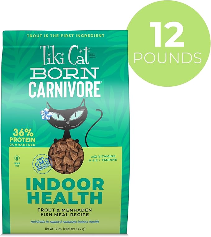 Tiki Cat Born Carnivore Indoor Health Dry Cat Food, Trout &amp; Menhaden Fish Meal, 12 lbs. Bag