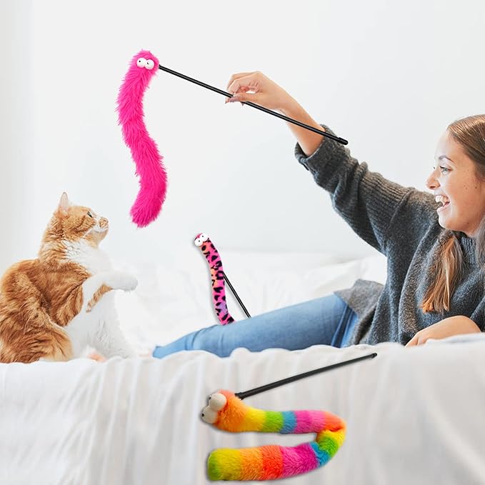3 Pack Cat Wand Toy, Rainbow Cat Feather Toys with Bells, Teaser Wand with Soft Furry Tail, Interactive Toys for Indoor Cats &amp; Kitten &amp; Kitty