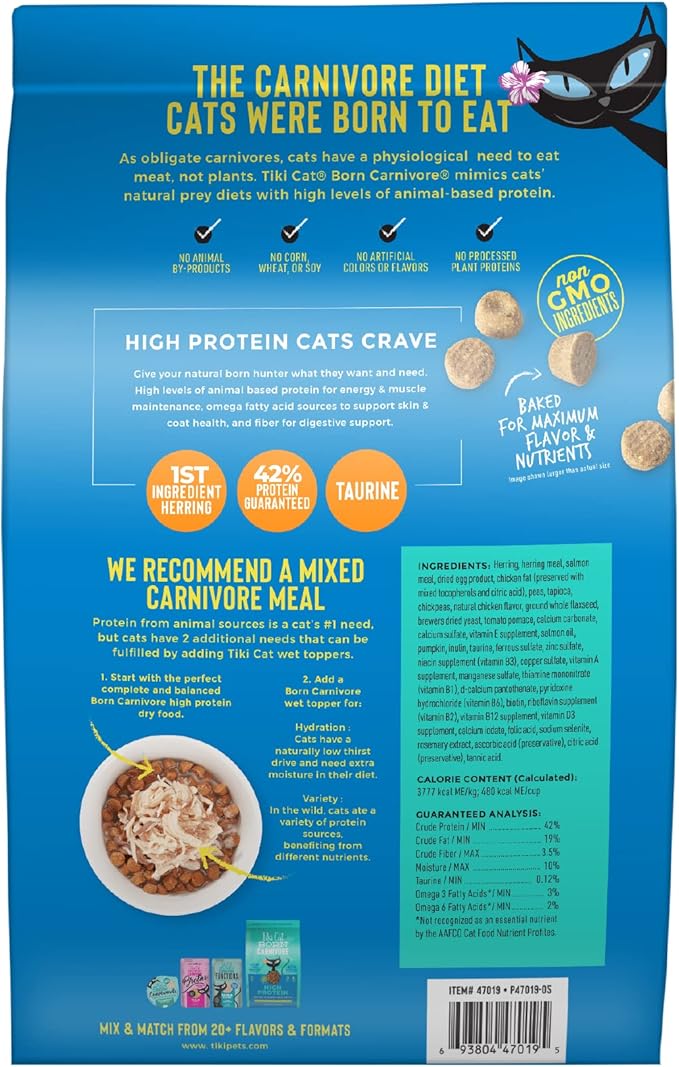 Tiki Cat Born Carnivore High Protein Dry Cat Food, Herring &amp; Salmon Meal, 11.1 lbs. Bag