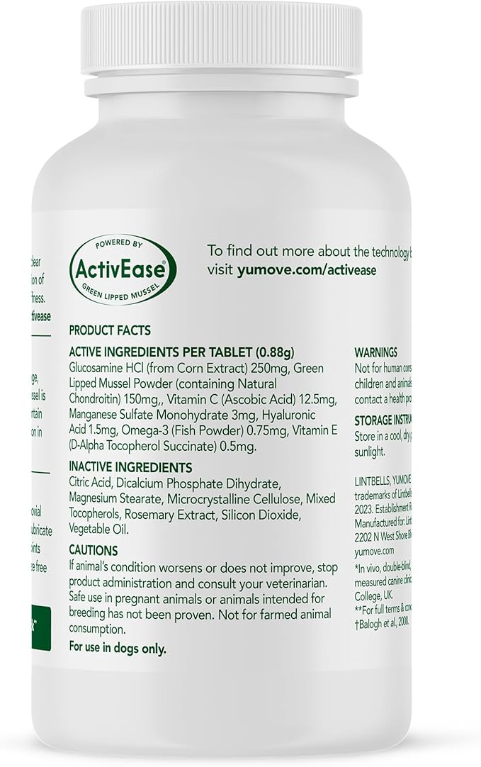 YuMOVE Hip &amp; Joint Supplement for Dogs with Glucosamine, Hyaluronic Acid, Green Lipped Mussel &amp; Omega 3 Joint Supplement - Regular and Advanced Strength (60ct, Chewable Tablets)