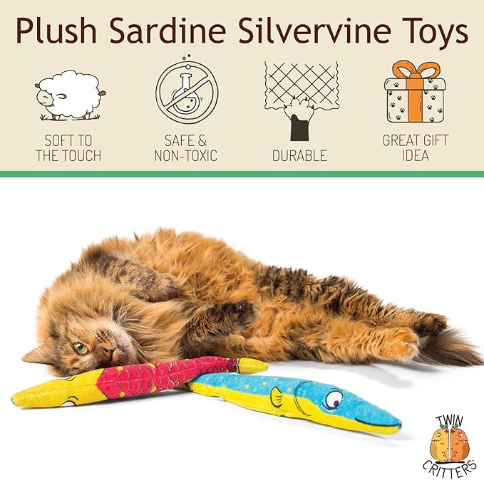 Silvervine Sardine 2-Pack Organic Catnip Substitute Toys for Cats &amp; Kittens | 100% All-Natural Wild Harvested | 2 Refillable Sardine Kicker Cat Toys
