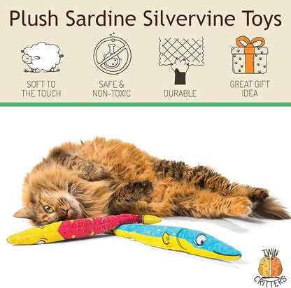 Silvervine Sardine 2-Pack Organic Catnip Substitute Toys for Cats &amp; Kittens | 100% All-Natural Wild Harvested | 2 Refillable Sardine Kicker Cat Toys