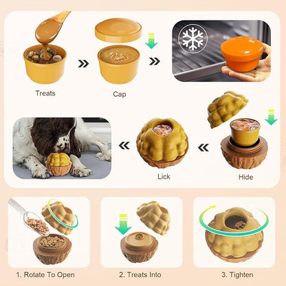 Dog Frozen Treats Toy, Cognitive Dogs Brain Stimulation Toys for Aggressive Chewers, Interactive Dispensing Toy Enrichment Keep Them Busy No-Boredom, Tough Nylon&amp;Coffe Wood Fillable Puzzle Dog Feeder