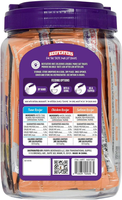 Beefeaters Cat Treats Variety Pack Lickable Puree 48ct – Salmon, Tuna &amp; Chicken, Grain-Free, Taurine-Enriched, Ideal for Training &amp; Interactive Feeding