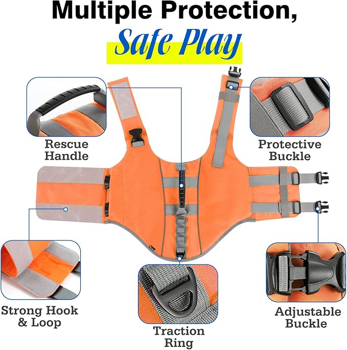 Pawaboo Dog Life Jacket, Reflective Dog Safety Vest Adjustable Pet Life Preserver with Strong Buoyancy &amp; Sturdy Rescue Handle, Ripstop Dog Lifesaver Vests for Swimming, Boating, L, Orange