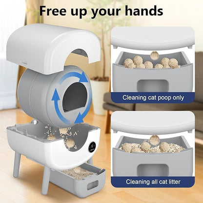 Cumrige Self Cleaning Litter Box, Large Capacity Automatic Cat Litter Box Self Cleaning for Cats, App Control,Safety Protection, 2 Roll Garbage Bags,White &amp; Grey