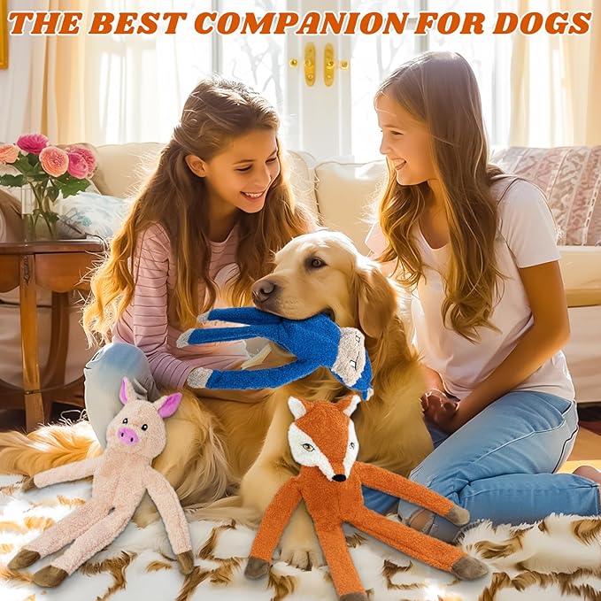 3 Pack No Stuffing Crinkle Squeaky Interactive Plush Dog Toys for Aggressive Chewers to Keep Puppy Busy for Boredom Small &amp; Medium Breeds Furry Friend Teething Orange Fox Pink Pig Blue Hippo