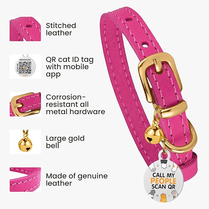 BRONZEDOG Leather Cat Collar with Removable Bells Non Breakaway Kitten QR Tag for Girl Boy (9" - 12" Cats/Mini Dogs, Pink &amp; Gold)