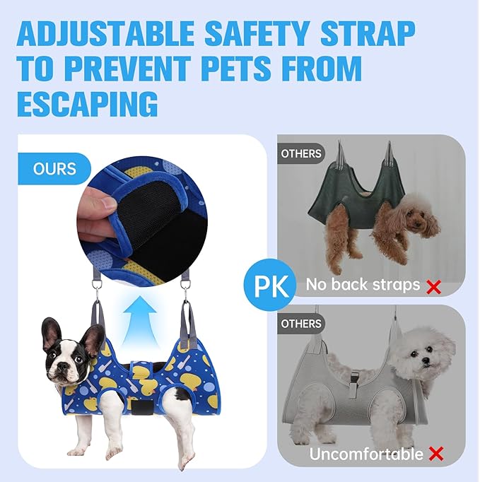 PAWCHIE Dog Grooming Hammock Harness for Dogs &amp; Cats with Pet Nail Clipper Trimmer - Cat Hanger Sling for Trimming Clipping Nails- Dog Hammock Restraint Bag for Small Medium Large Dog, Navy Blue M