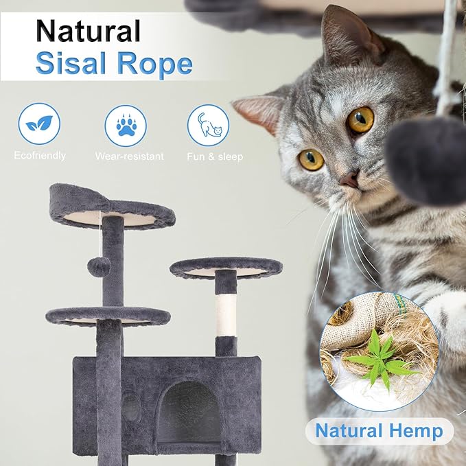 FDW Cat Tree 54in Cat Tower Multi-Level Durable Cat Scratching Post &amp; Cozy Fun Cat Jumping Platform Space Saving Cat Condo Pet Play House for Indoor Cats,Ashy
