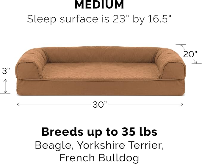 Furhaven Cooling Gel Dog Bed for Medium/Small Dogs w/ Removable Bolsters &amp; Washable Cover, For Dogs Up to 35 lbs - Quilted Sofa - Toasted Brown, Medium