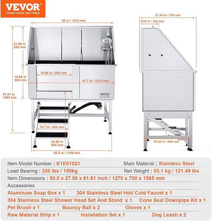 VEVOR 50" Pet Dog Bathing Station w/Stairs, Professional Stainless Steel Dog Grooming Tub w/Soap Box, Faucet,Rich Accessory, Dog Bathtub for Large,Medium,Small Pets, Washing Sink for Home Left