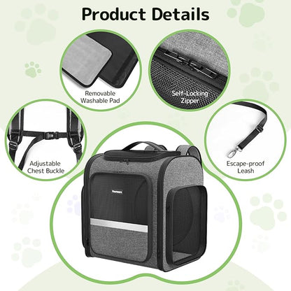 Pawtners Cat Carrier Backpacks Expandable Cat Backpack with Breathable Mesh, Pet Carrier Backpack for Cats Small Dogs Puppies Up to 18 Lbs, Dog Carrier Backpack for Travel Hiking Camping Outdoor