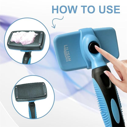 Pet Self Cleaning Slicker Brush and Grooming Comb - Gently Removes Loose Hair, Tangles, and Dirt - Skin Friendly Deshedding Grooming Tool for Hair Dogs &amp; Cats - Pet Supplies Accessories (Blue)