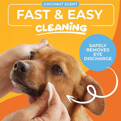 Dog Eye Wipes - Hypoallergenic Eye &amp; Face Wipes for Dogs, Cats, and Puppy - Pet Tear Stain Remover and Cleaner - Gently Cleans and Removes Discharge, Crust, and Gunk - Coconut