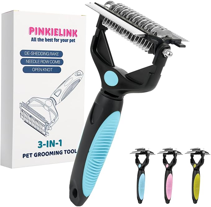 3-IN-1 Pet Grooming Tool - Undercoat Rake, Dematting Comb &amp; Deshedding Brush for Cats &amp; Dogs - Removes Mats, Tangles &amp; Loose Fur, Reduces Shedding &amp; Prevents Hair Mess (Blue)