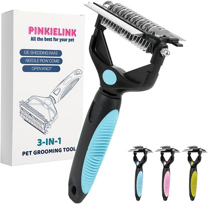 3-IN-1 Pet Grooming Tool - Undercoat Rake, Dematting Comb &amp; Deshedding Brush for Cats &amp; Dogs - Removes Mats, Tangles &amp; Loose Fur, Reduces Shedding &amp; Prevents Hair Mess (Blue)