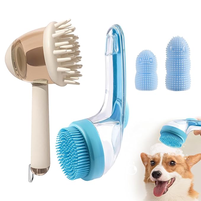 (4PCS) Pet Bath Brush,2025 New 2 in 1 Dog Bath Brush,Dog Shampoo Brush Bubble Maker,Bathing Dogs Grooming Massage Brush for Long &amp; Short Haired Dogs &amp; Cats,with Built-in Shampoo Dispenser(Blue)