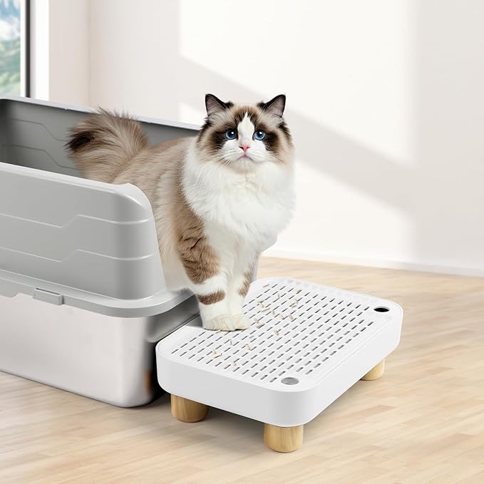 Cat Litter Box Step Ramp, Cat Litter Catcher Mat with Wooden Feet, Filter Function, Cat Pedal Stool for Self-Cleaning Cat Litter Box, Ideal for Kitten &amp; Elderly Cats (White)