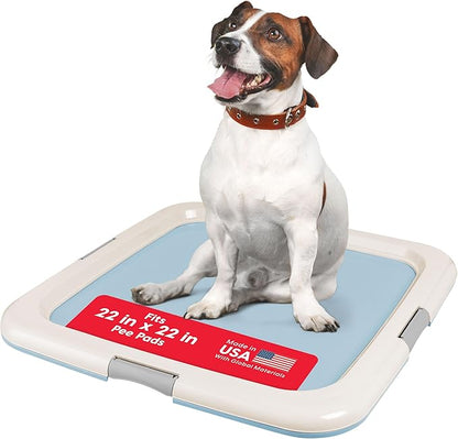 IRIS USA Pee Pad Holder - For Potty Training Regular Sized Dog &amp; Puppy Pee Pads, Secured Latches, Non-Skid Feet, Leak Protection, Fits 22"x22" Pad or Larger, Square, Blue