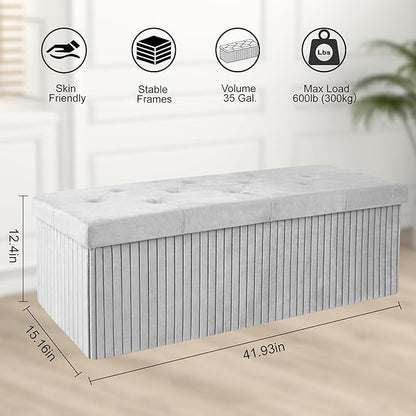 Storage Ottoman Bench, 43 Inch Foldable Ottoman with Legs, Velvet Foot Rest Stool, End of Bed Bench, Storage Chest for Living Room, Bedroom (Grey)