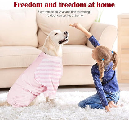 Dog Recovery Suit, Abdominal Wound After Surgery Wear, Anti Licking Bodysuit with Snaps, E-Collar &amp; Cone Alternatives, Striped Dog Spay Surgical Pajamas Prevent Shedding(Medium, Pink)
