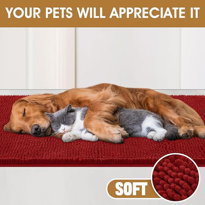 IM HOME Extra Large 60" x 36" Red Dog Door Mats for Muddy Paws, Chenille Absorbent Dog Mat, Non Slip Heavy Mud Mat for Dogs, Soft Pet Bed Mat for Entryway, Mud Paws, Inside Floor