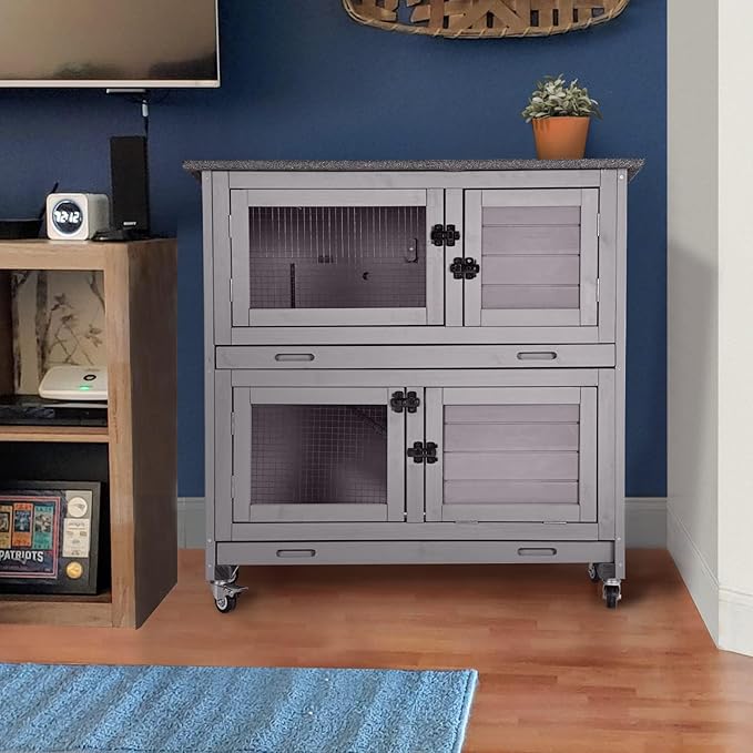 Rabbit Hutch Bunny Cage, Guinea Pig Cage Bunny Hutch Indoor, Wood Pet Cage with 4 Casters -2 Story &amp; 2 Trays