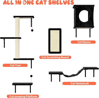 NUNU LAB Wall Mounted Cat Furniture, 5 Pcs Cat Wall Shelves with House, Bridge, Steps, Scratching Post, Shelves, Indoor Safe &amp; Stable Furniture for Kittens Play, Black