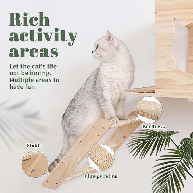 KVIDA Cat Wall Shelves Set – 5PCS Extra-Large Wall Mounted Cat Furniture with 2 Platforms, Sisal Scratching Post &amp; Cat House – Solid Wood Climbing Wall for Large Indoor Cats