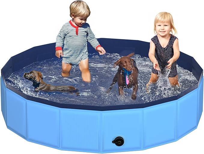 79" x 12" Foldable Dog Pool - Collapsible Hard Plastic Kiddie Pool for Dogs &amp; Kids, Non-Slip Pet Bath Tub for Outdoor Backyard Use, Lightweight &amp; Portable (Blue)