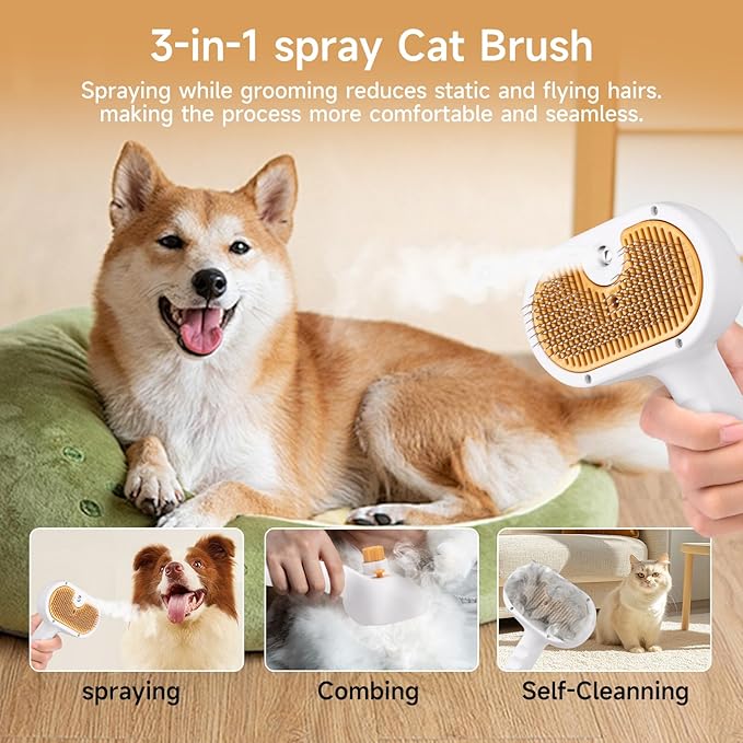 Pet Steam Brush for Dog &amp; Cat–3-in-1 Spray Hair Removal Comb–Steam Brush for Shedding &amp; Grooming–Water Brushes for Long &amp; Short Haired Pets–Spritz Defur Comb–Includes Waterless Shampoo &amp; Ear Wipes