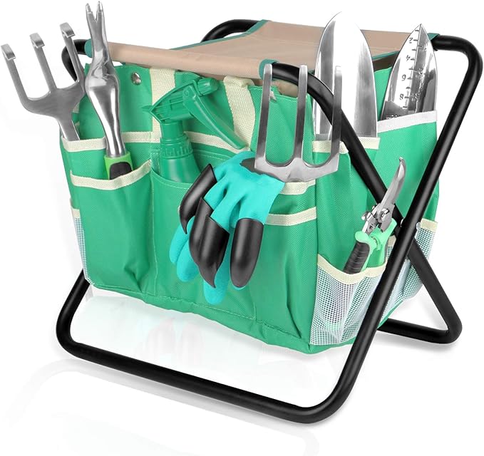 Kitness 9 PCS All-in-one Garden Tools Set Heavy Duty Cast-Aluminium Alloy Gardening Tools Kit with Folding Stool Seat&amp;Detachable Canvas Tool Bag Great Gifts for Gardening