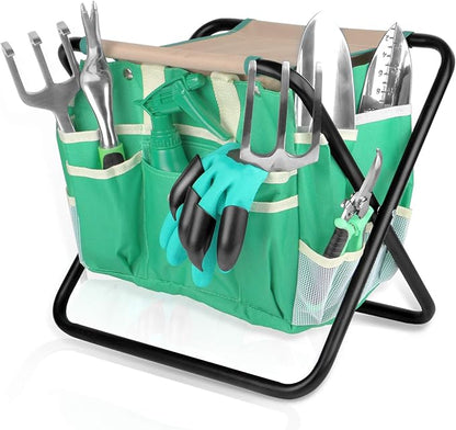 Kitness 9 PCS All-in-one Garden Tools Set Heavy Duty Cast-Aluminium Alloy Gardening Tools Kit with Folding Stool Seat&amp;Detachable Canvas Tool Bag Great Gifts for Gardening