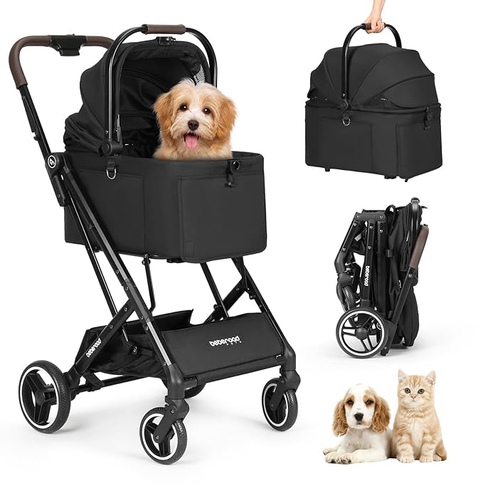 X2 Pet Stroller, Dog Cat Stroller for Small Pets Under 44lbs, Equipped with Detachable &amp; Foldable Carrier, Waterproof Pad &amp; Sunshade Canopy,Camel (Black)
