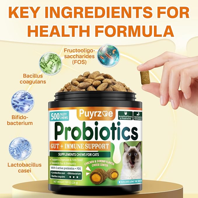 Cat Probiotics &amp; FOS, Gut + Immune Support - 500 Chews Crunchy &amp; Creamy Cheese Core, Probiotic for Digestive and Gut Health, Immunity, Constipation Relief for Cats Kittens - Chicken Shrimp