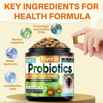 Cat Probiotics &amp; FOS, Gut + Immune Support - 500 Chews Crunchy &amp; Creamy Cheese Core, Probiotic for Digestive and Gut Health, Immunity, Constipation Relief for Cats Kittens - Chicken Shrimp