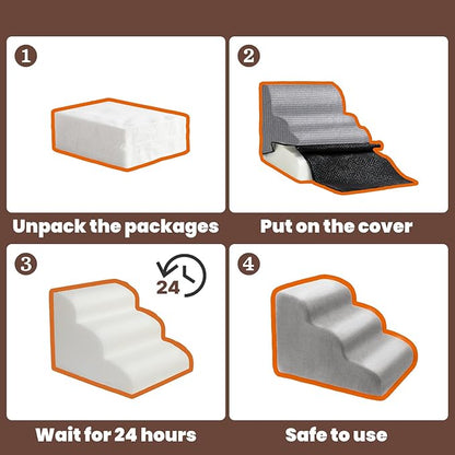 MEWANG Dog Stairs for Small &amp; Medium Dogs and Old Cats –3/4/ 5 Steps High-Density Foam Pet Ramp for Bed &amp; Couch, Non-Slip, Washable Cover, Grey (Round Corner, 4 Steps: 23.94&