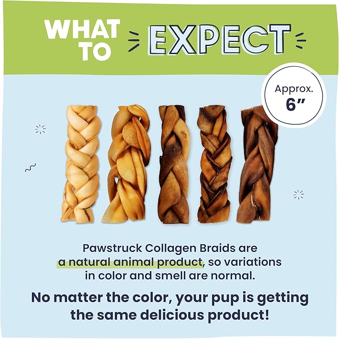 Pawstruck Natural 5-7” Beef Collagen Braids for Dogs – Long-Lasting Rawhide &amp; Bully Stick Alternative, with Chondroitin &amp; Glucosamine – 5 Pack