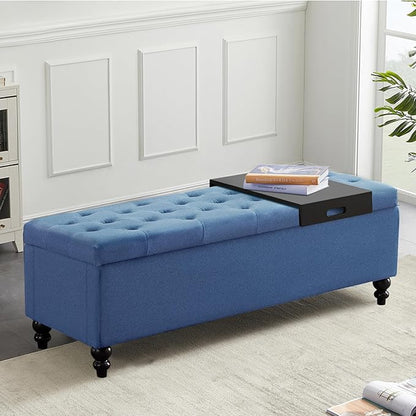 Ottoman with Storage,50.2-inch Upholstered End of Bed Storage Bench for Bedroom,for The Living Room,for Entryway, with Tray &amp; Button and Safety Hinges,Detachable (Blue)