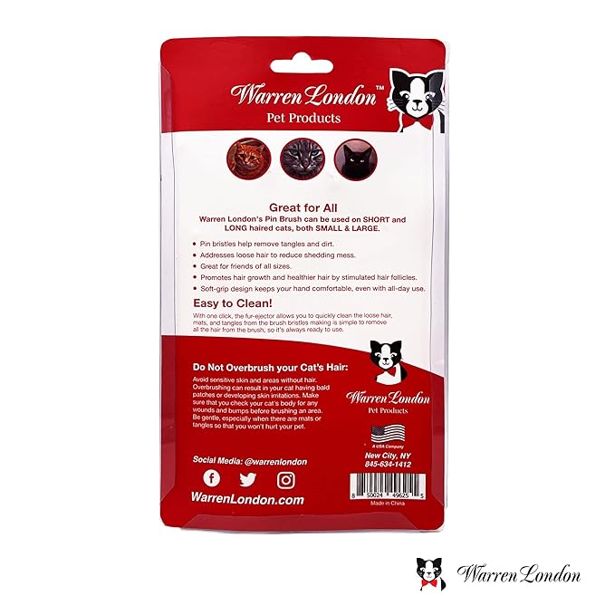 Warren London Self-Cleaning Cat Pin Brush | Push-Button Fur Ejector, Bead-Tipped Nylon Pins – Gentle Shedding &amp; Detangling for Cats, Kittens, Rabbits, Ferrets &amp; Small Dogs | Ergonomic Anti-Slip Grip
