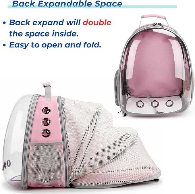 Lollimeow Cat Carrier Backpack, Bubble Expandable Backpack Carrier, Pets and Small Dogs,Airline-Approved, Designed for Travel, Hiking, Walking &amp; Outdoor Use (Back Expandable-Pink)