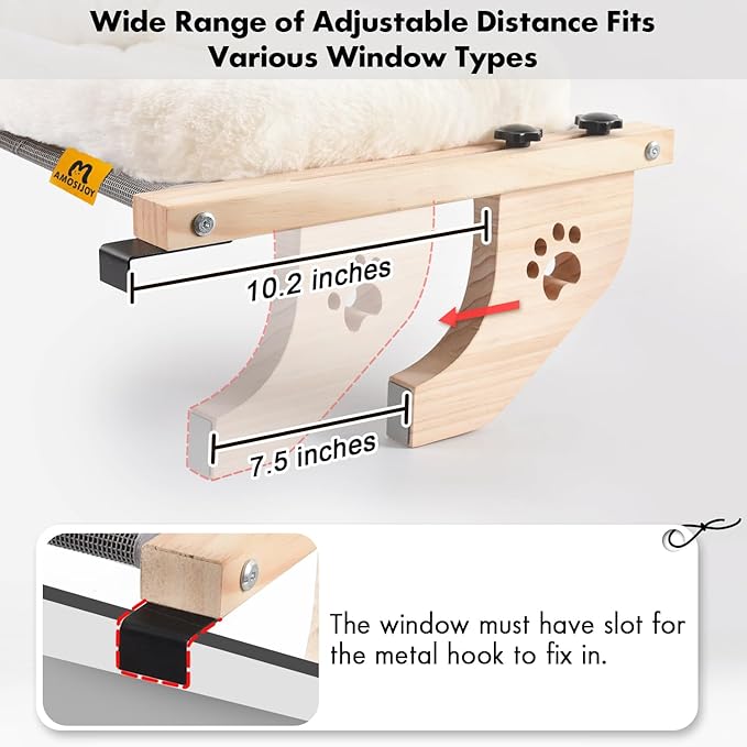 AMOSIJOY Cat Sill Window Perch Sturdy Hammock Seat with Cushion Bed Cover, Wood &amp; Metal Frame for Large Cats, Easy to Adjust Windowsill, Bedside, Drawer and Cabinet (L)