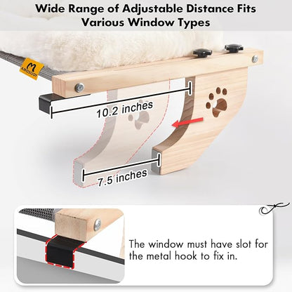 AMOSIJOY Cat Sill Window Perch Sturdy Hammock Seat with Cushion Bed Cover, Wood &amp; Metal Frame for Large Cats, Easy to Adjust Windowsill, Bedside, Drawer and Cabinet (L)
