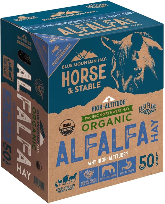 Blue Mountain Hay High-Altitude Organic Alfalfa Hay, 50lb Easy Flake Box - High Protein, Fiber &amp; Mineral-Rich - High Leaf Retention - Ideal for Horses, Goats, Rabbits, Guinea Pigs &amp; Other Small Pets