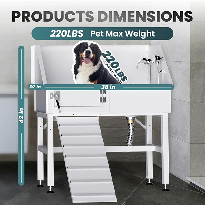 Dog Washing Station for Home, 38" White Professional Stainless Steel Dog Grooming Tub, Height Adjustable Dog Bathing Station, Upgrade Parts, Dog Bath Tubs for Small &amp; Medium Dogs(Left Ramp)