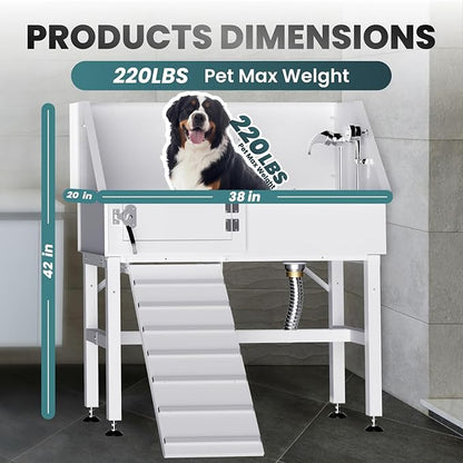 Dog Washing Station for Home, 38" White Professional Stainless Steel Dog Grooming Tub, Height Adjustable Dog Bathing Station, Upgrade Parts, Dog Bath Tubs for Small &amp; Medium Dogs(Left Ramp)